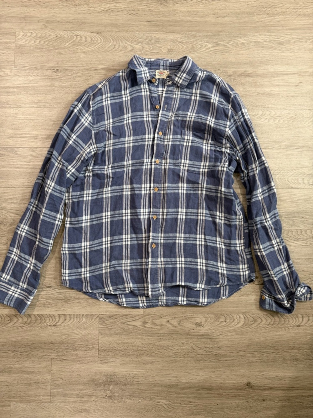 Men's Faherty Blue Plaid Button-Up Shirt XL Linen